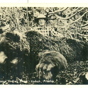 Kodiak Alaska Brown Bear Big Game Hunter 1940s RPPC Postcard Unmailed