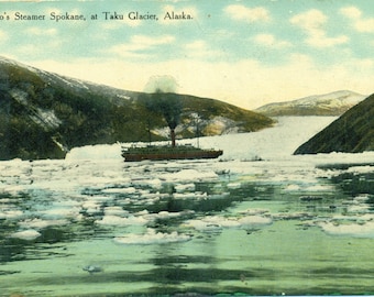 1910 Pacific Coast Steamship Co Steamer Spokane at Taku Glacier Alaska Steam Ship Antique Color Postcard mailed