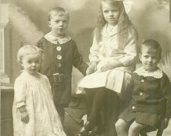 Brothers Sisters Girls Boys Little Family Studio Portrait Antique RPPC Real Photo Postcard