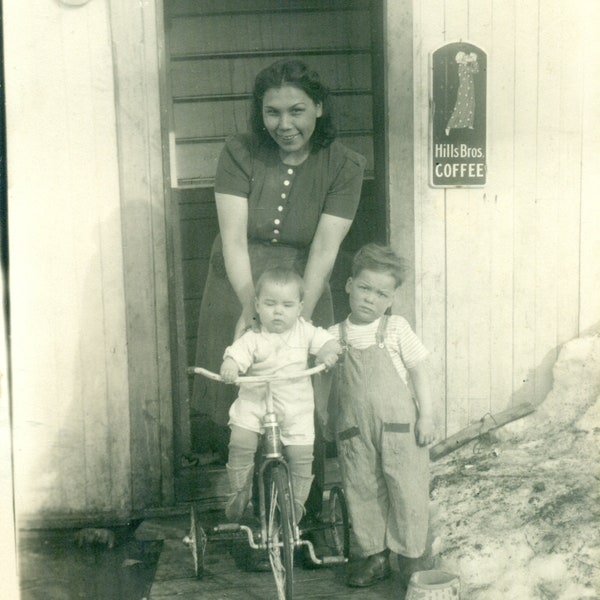 Alaska Native Woman Spring With Boys Sons Front Door Holding Bike Inuit Mother 1930s Vintage Black White Photo Photograph