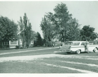 Getting Ready for Summer Fun Man With Station Wagon Car Shorts No Shirt 1950s Vintage Photo Black and White Photograph