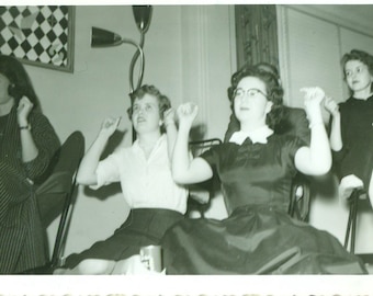 50s Women at a Party Chair Dancing Snapping Fingers Sitting Listening to Music 1950s Vintage Photograph Black White Photo