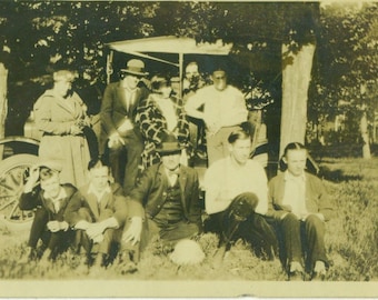 1920s Group Photo With Car Model T Ford Flapper Men Women 20s Antique Vintage Photograph Black White Photo