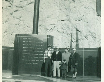 Harold at the Hoover Dam 1953 Photo Plaid Jacket Cap Little Boy Black and White Photograph