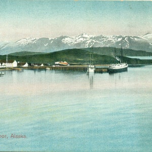 Nave a vapore dell'Alaska del porto olandese al molo Cartolina a colori antica del 1900 non spedita