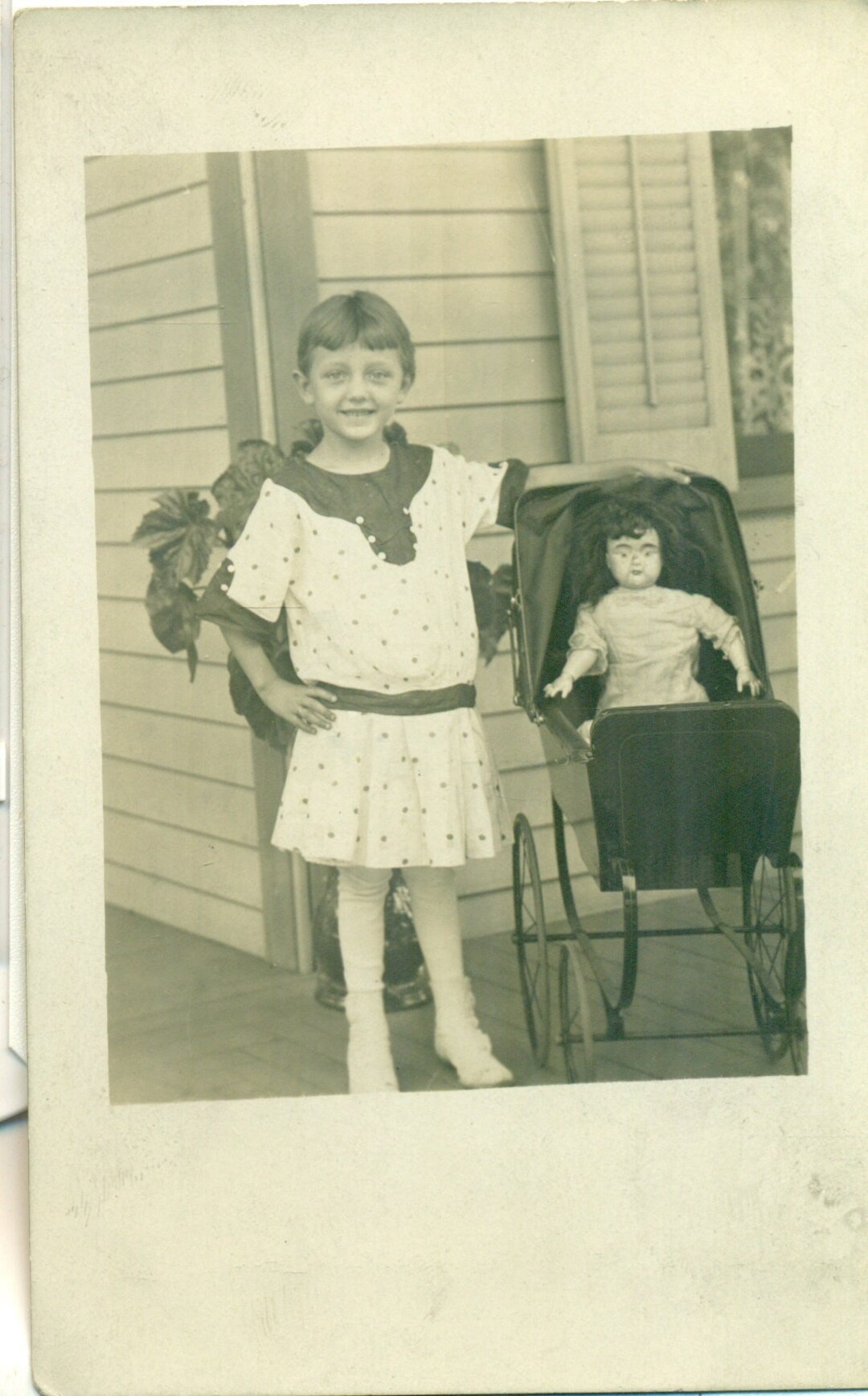 1920s Happy Flapper Dress Girl With Doll in Carriage on Porch Antique ...