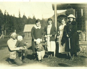 1920s Family Babies Flapper At Farm Grandparents Toddler 20s Vintage Photograph Black White Photo