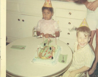 1968 Very Happy Birthday Boy Unimpressed Sister Sitting at Table 60s Vintage Photograph Color Photo