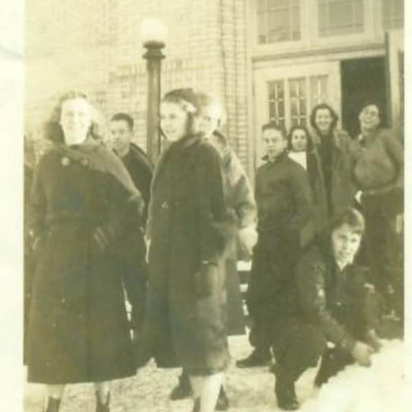 Vintage 1940s Photo Betty Teenage Kids Standing Outside School Building Winter Snow Day Coats Boots 40s Teens Jane Bob Mary Charles Joanna