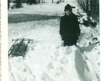 1950s Sledding Girl Playing in Snow Backyard Winter Fun Sled 50s Vintage Photograph Black White Photo