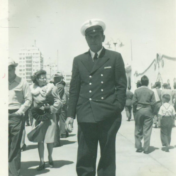1944 Long Beach CA WW2 Navy Sailor in Dress Uniform Standing in Crowd Vintage Black White Photo Photograph