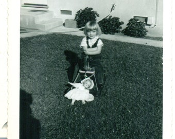 1950s Girl Riding Rocking Horse Doll in Front Front Yard Photo Black White Photograph