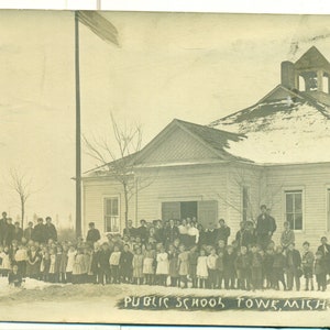 Tower MI Public School Kids Photo Outside Snow Flag Antique RPPC Real Photo Postcard