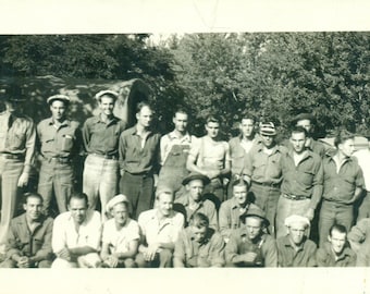 Working Men Overalls Uniforms Group Photo Outside Summer 1930s RPPC Real Photo Postcard