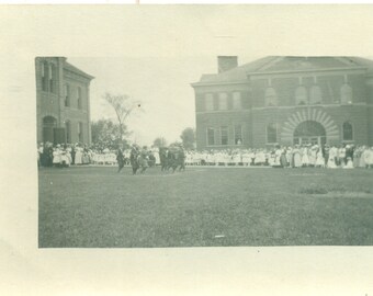 College Football Game Men on Field Ladies White Dresses Watching 1910s RPPC Real Photo Postcard