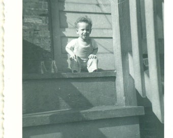 1940s Robert Curly Hair Boy Squatting on Porch 40s Vintage Photograph Black White Photo