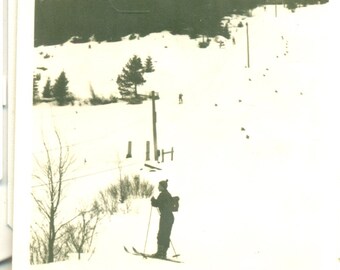 1938 The Skiier Skiing Poles Winter Hill Snow Vintage Black White Photo Photograph