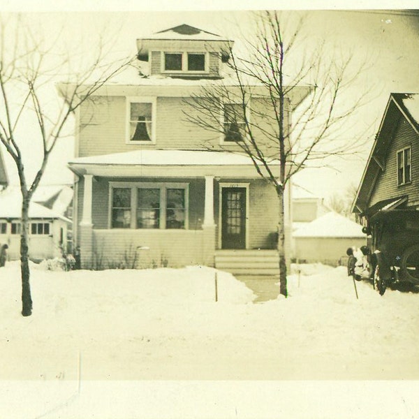1920s Town House In Winter Snow Model T Ford Cars Parked in Driveways Antique Vintage Black and White Photo Photograph