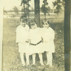 Summer Fun Kids Standing Playing Outside Girl Boys 1910s RPPC Real Photo Postcard Photograph Black White Photo