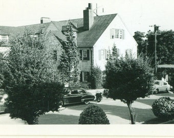 Historic Brick Home Cars Parked on Street Summer Town 1940s Vintage Black and White Photo Photograph