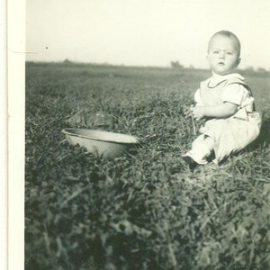 1940s Foraging Baby Helping to Pick Greens Garden Plants with Bowl 40s Photo Black White Photograph