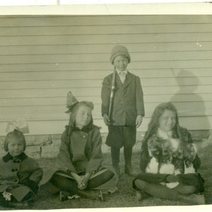 Little Soldier Boy Holding Gun Sisters Sitting WW1 Era Kids RPPC Real Photo Postcard Photograph Black White Photo