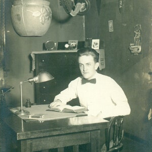 Wildrose ND Young Student Man Book Desk Lamp Pennants Inkwell Hanging Plant In Pot RPPC Real Photo Postcard Photograph Black White Photo