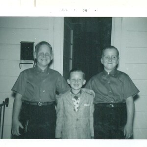 1958 Twin Brothers Trying Not To Laugh Boys Porch Photo Black White Photograph