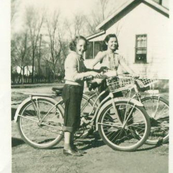 1946 Teen Girls With Bikes Bicycles Rolled Up Jeans Christmas Present Vintage Black White Photo Photograph