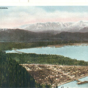 Seward Alaska Town View From Mountain Top Cartolina a colori antica degli anni '20 non spedita