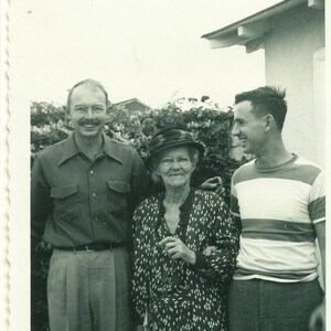 1950 Hermosa Beach Happy Granny With Sons Family 50s Vintage Photograph Black White Photo