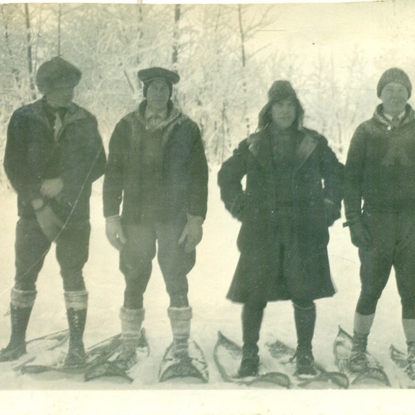 Alaskans Men on Snowshoes Winter Parkas Hats Snow Alaska Antique Photo Black White Photograph