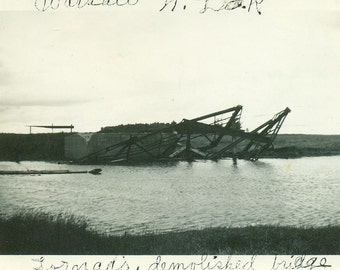 Tornado Demolished Bridge Warsaw North Dakota 1950s Twisted Ruins Vintage Black and White Photo Photograph