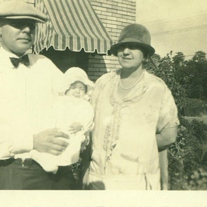 1920s Man Holding Baby Girl Bonnet With Flapper Grandma 20s Antique Photograph Black White Photo