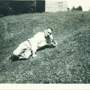 1940s Man Laying on the Hill Grass Summer Rest 40s Vintage Photograph Black White Photo