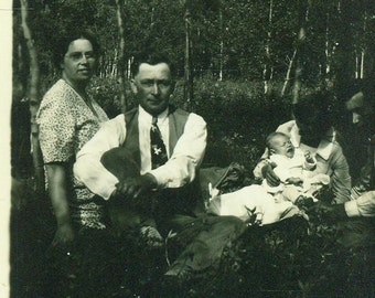 New Baby At Picnic Parents Grandparents Sitting Outside 1920s Vintage Black White Photo Photograph