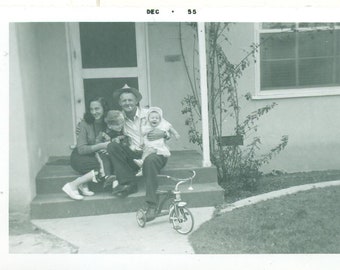 1955 Kids Playing With Smoking Dad Davy Crockett Boy Baby Tricycle 50s Vintage Photograph Black White Photo