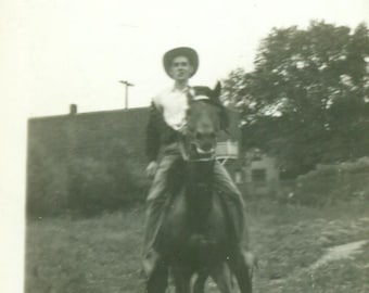 New York Cowboy Happy Man Riding Horse 1940s NY Dude Ranch Vintage Photo Snapshot Black White Photograph