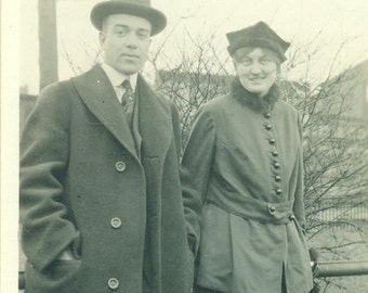 1920s Husband and Wife Wool Coats Outside Winter 20s Antique Vintage Black and White Photo Photograph