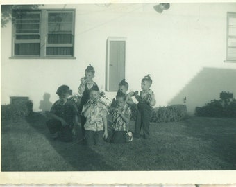 1960s Boys Birthday Party Noise Makers Silly Hats Hawaiian Shirts 60s Vintage Photograph Black White Photo