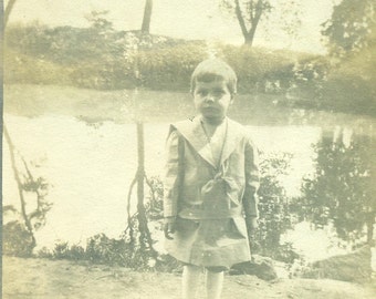 Surprised Little Boy Standing on Lake Shore Sailor Suit Antique Black and White Photo Photograph