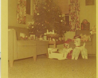 1955 Christmas Toys Poodle Under Tree Kodacolor Print 50s Vintage Photo Color Photograph