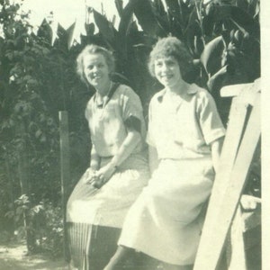 1920s Good Neighbors Young Women Sitting Outside Garden 20s Photograph Black White Photo