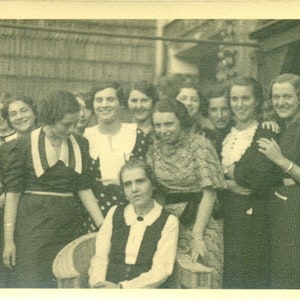Trying to Get Sitting Woman To Smile Young Ladies Giggle Mom Frowns RPPC Real Photo Postcard Antique Black White Photo Photograph