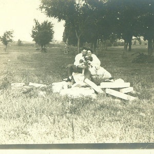 Love in the Park Middle Aged Couple Flowers Rocks Parents RPPC 1910s Real Photo Postcard Vintage Photograph Black White Photo
