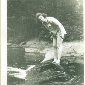 Woman Standing in Stream Creek Mini Waterfall Camp Hike 1950s Photo Black White Photograph