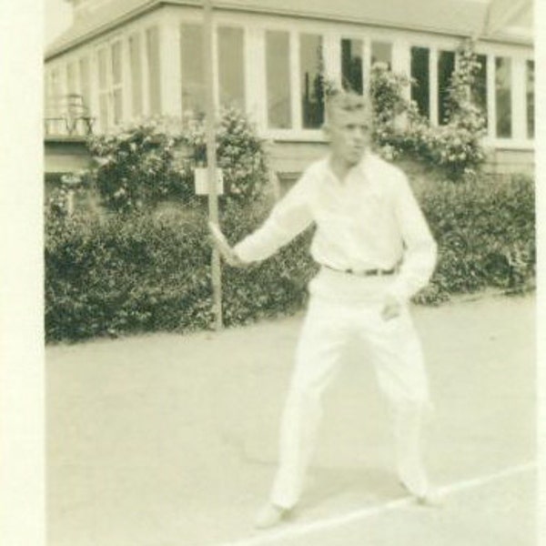 Vintage 1920s Photo Man Playing Tennis White Pants Long Sleeve Shirt Court at Country Club Photograph Upper Class