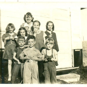 1943 Farm Kids Happy Mom Eating Fruit Toys Group Photo Black White Photograph