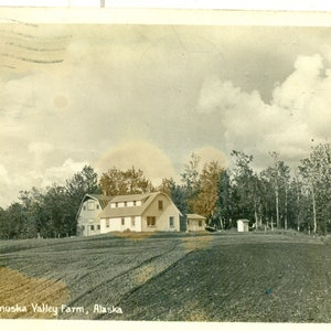 1946 Servizio postale dell'esercito americano Cartolina postale gratuita dell'Alaska Matanuska Valley Farm Palmer Colony Barn