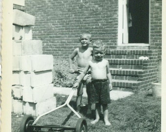 The Strongmen Little Boys With Push Lawn Mower 1950s Vintage Photograph Black White Photo